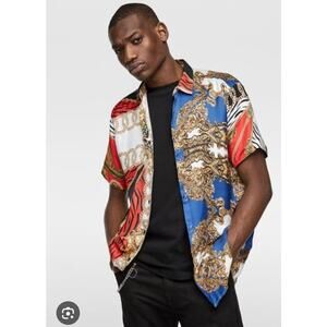 Zara Printed Chains Shirt Men's Sz M Blue Red Gold Designer Silky Luxe Relaxed